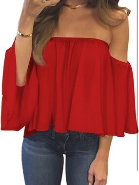 Women's Red Off-Shoulder Blouse with Balloon Sleeves